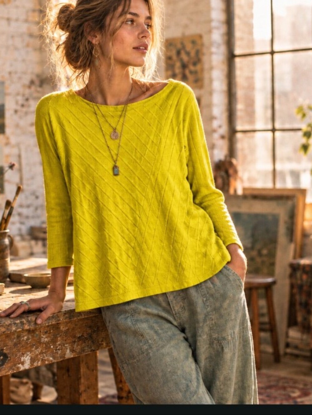 Maeve Textured Long Sleeve Tunic in Yellow Small